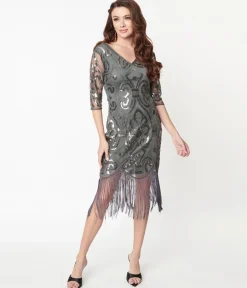Unique Vintage 1920s Grey & Silver Beaded Lynette Flapper Dress