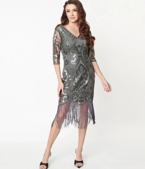 Unique Vintage 1920s Grey & Silver Beaded Lynette Flapper Dress