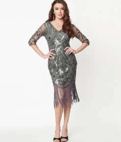 Unique Vintage 1920s Grey & Silver Beaded Lynette Flapper Dress