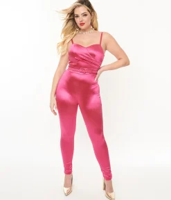 Unique Vintage 1970s Hot Pink Spandex Belted Jumpsuit