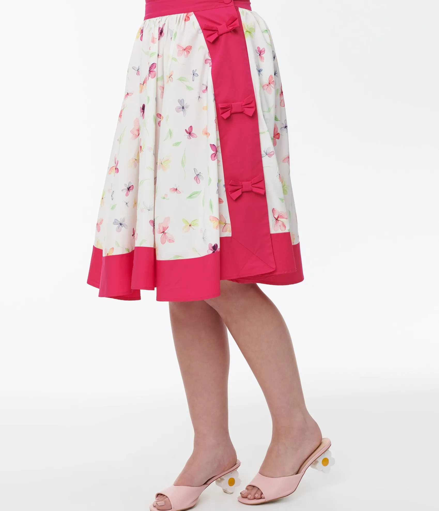 Unique Vintage 1950s Hot Pink & White Butterfly Print Rye Swing Skirt