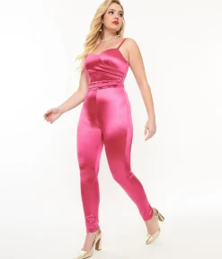 Unique Vintage 1970s Hot Pink Spandex Belted Jumpsuit