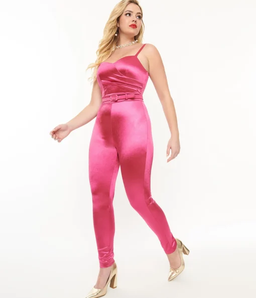 Unique Vintage 1970s Hot Pink Spandex Belted Jumpsuit