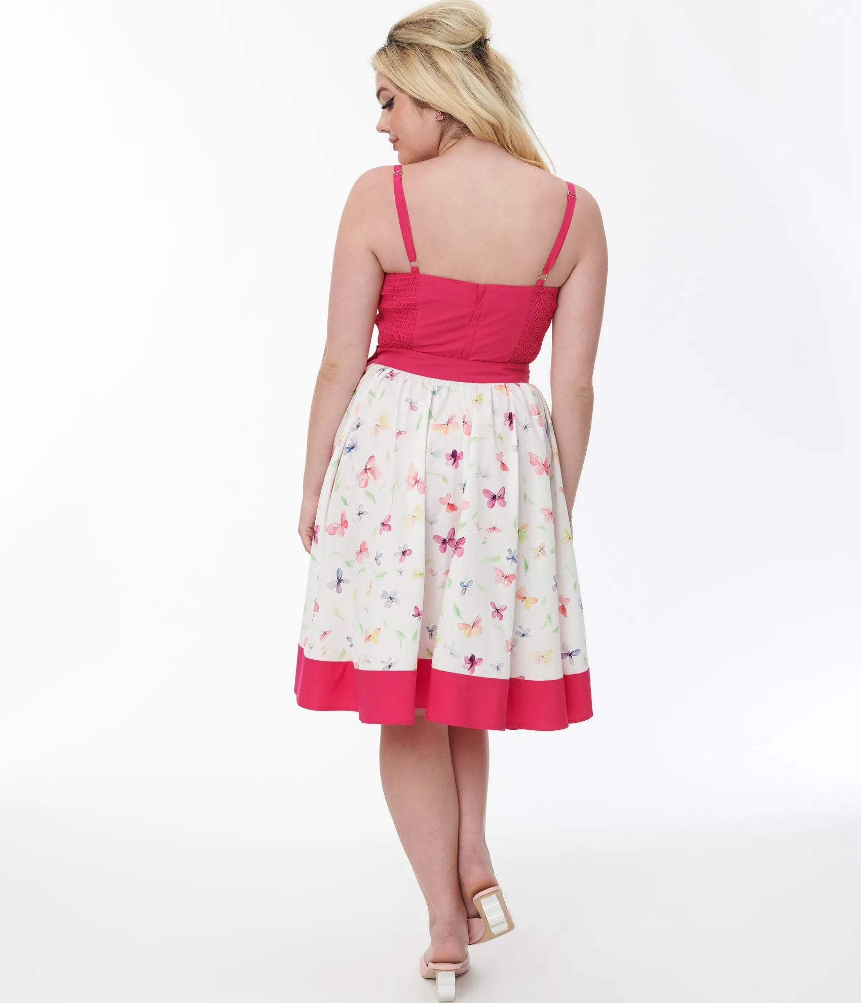 Unique Vintage 1950s Hot Pink & White Butterfly Print Rye Swing Skirt