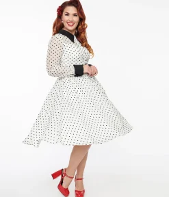 Unique Vintage 1950s Ivory & Black Polka Dot Tulle Swing Dress
