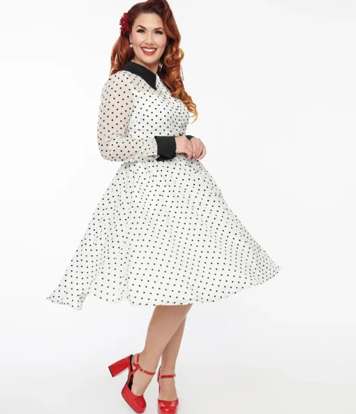 Unique Vintage 1950s Ivory & Black Polka Dot Tulle Swing Dress