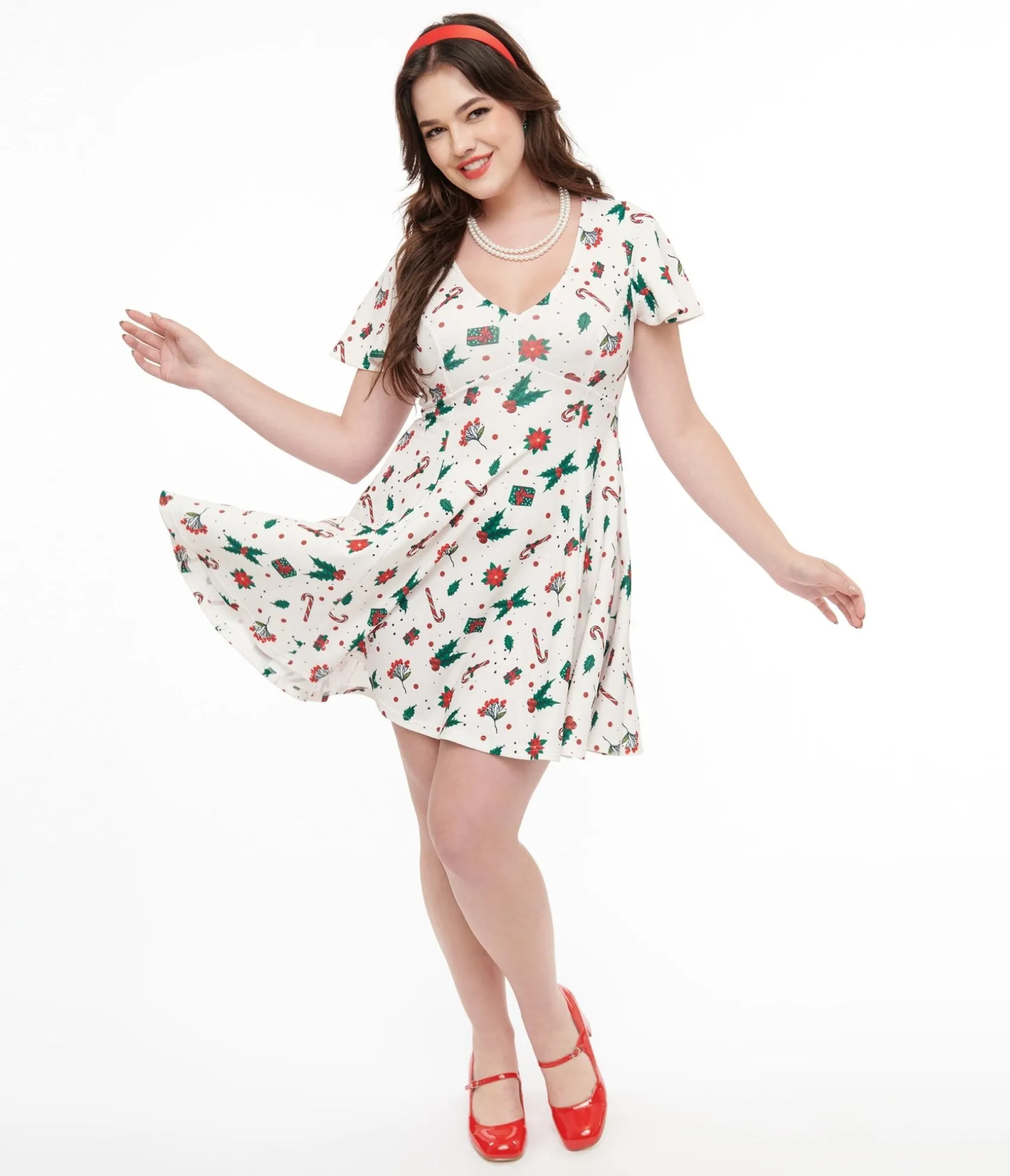 Unique Vintage 1950s Ivory Christmas Print Poppy Flare Dress