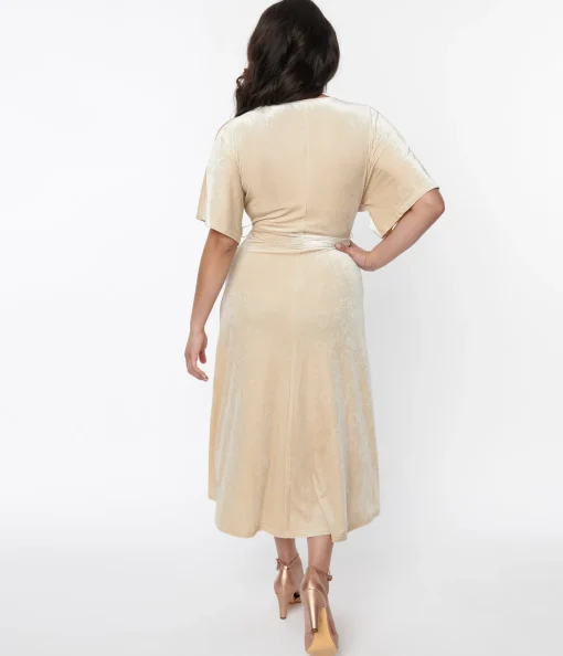Unique Vintage 1970s Ivory Peacock Velvet Wrap Midi Dress