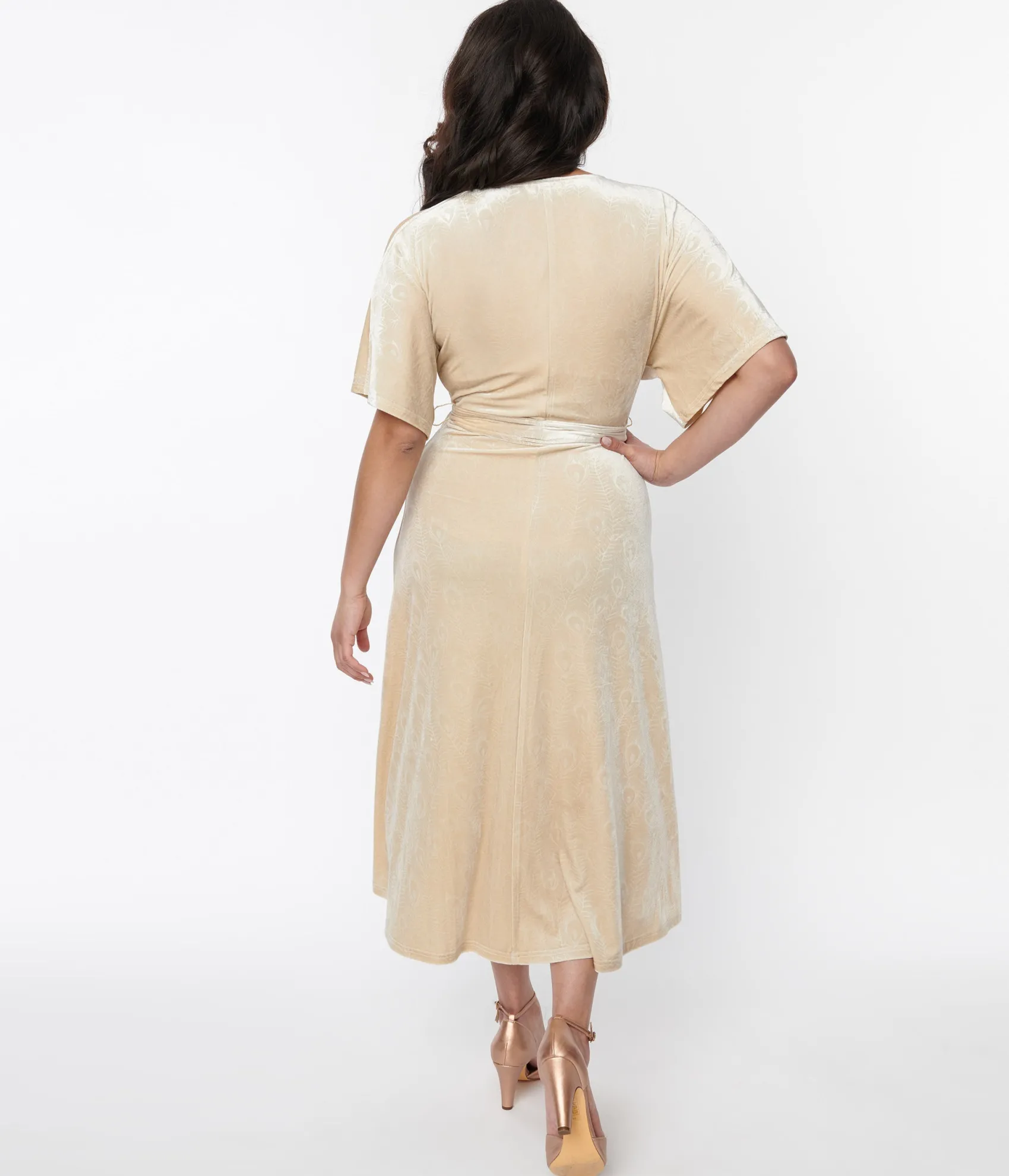 Unique Vintage 1970s Ivory Peacock Velvet Wrap Midi Dress