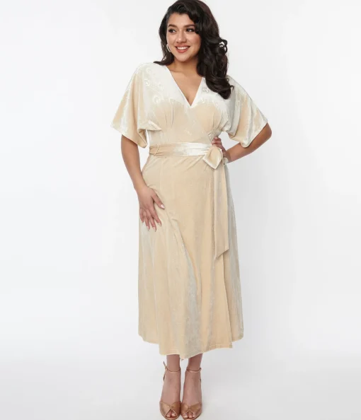 Unique Vintage 1970s Ivory Peacock Velvet Wrap Midi Dress