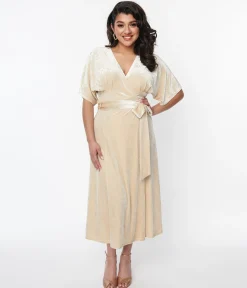 Unique Vintage 1970s Ivory Peacock Velvet Wrap Midi Dress
