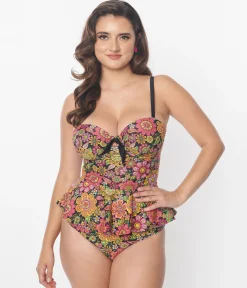 Unique Vintage 1960s Kaleidoscope Floral Solana Tankini Swim Top