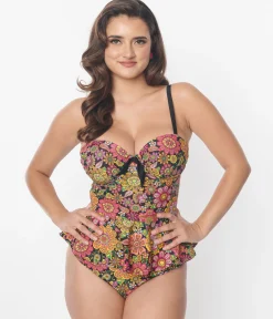 Unique Vintage 1960s Kaleidoscope Floral Solana Tankini Swim Top