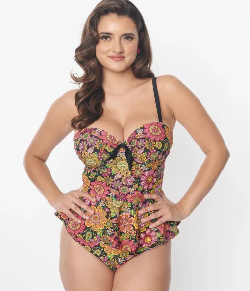 Unique Vintage 1960s Kaleidoscope Floral Solana Tankini Swim Top