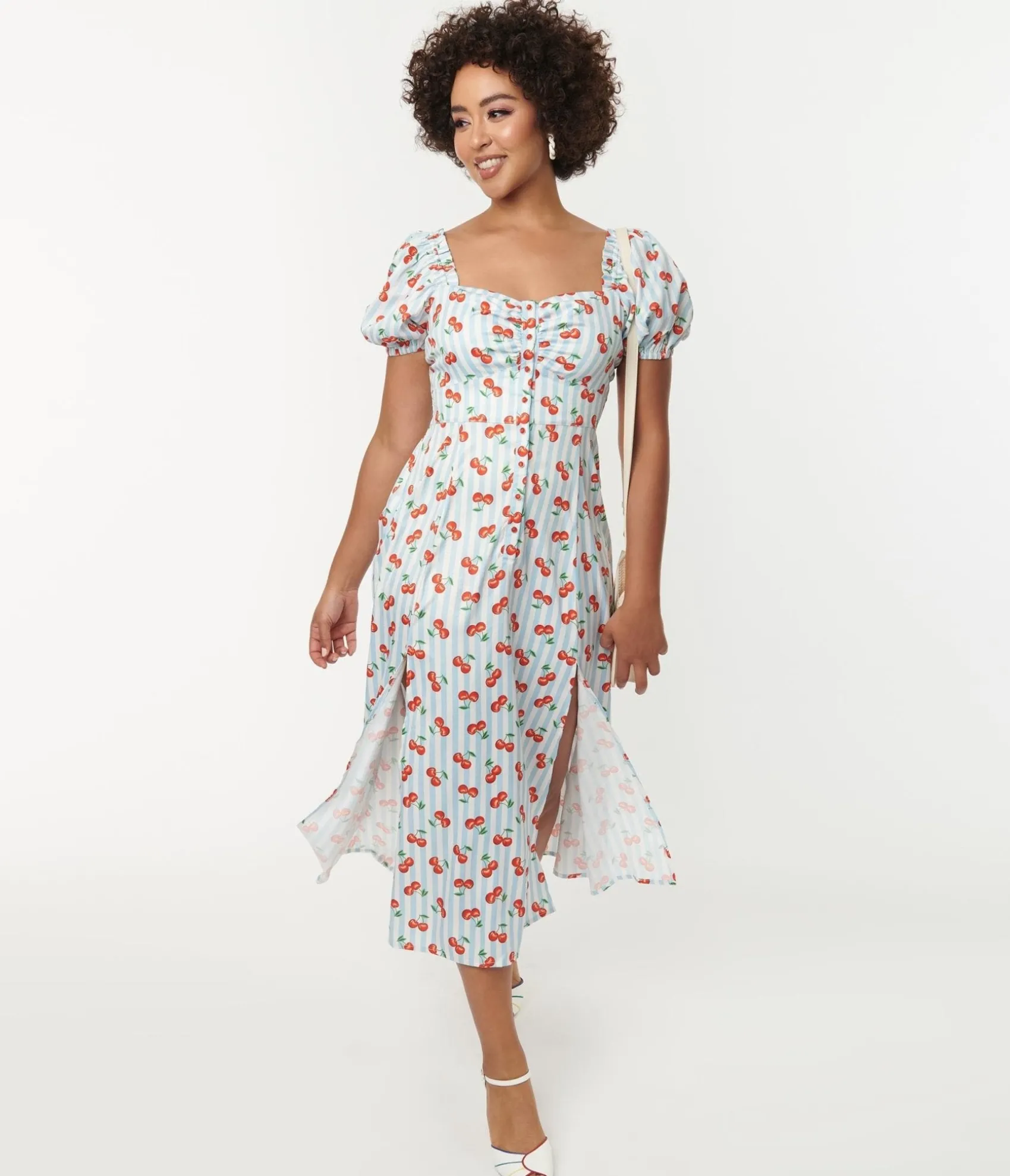 Unique Vintage 1940s Light Blue Stripe & Cherry Print Midi Dress