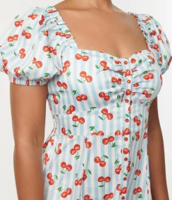 Unique Vintage 1940s Light Blue Stripe & Cherry Print Midi Dress