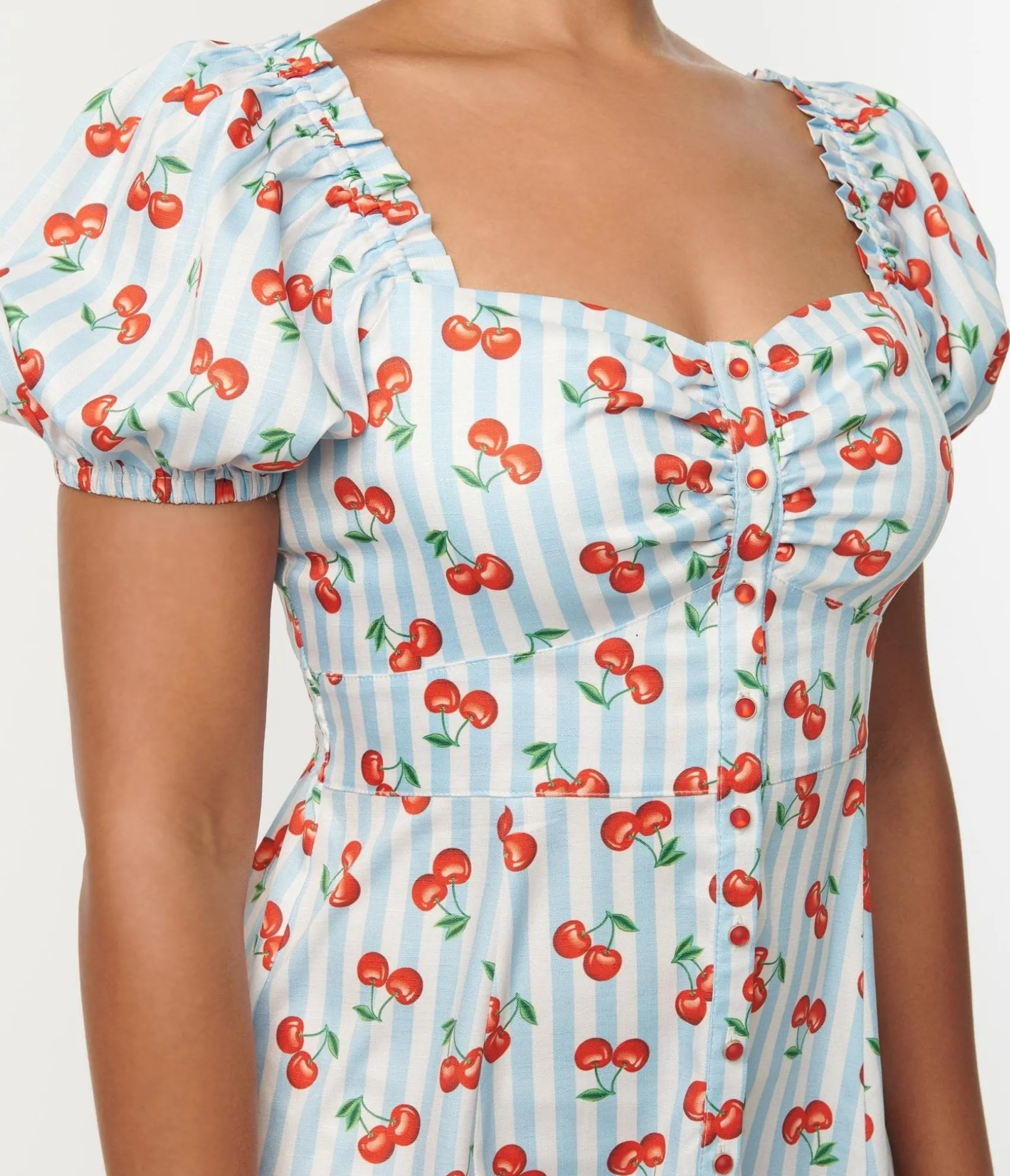 Unique Vintage 1940s Light Blue Stripe & Cherry Print Midi Dress