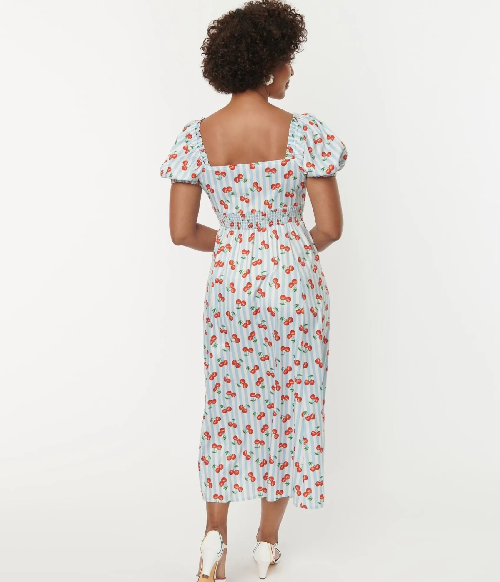 Unique Vintage 1940s Light Blue Stripe & Cherry Print Midi Dress