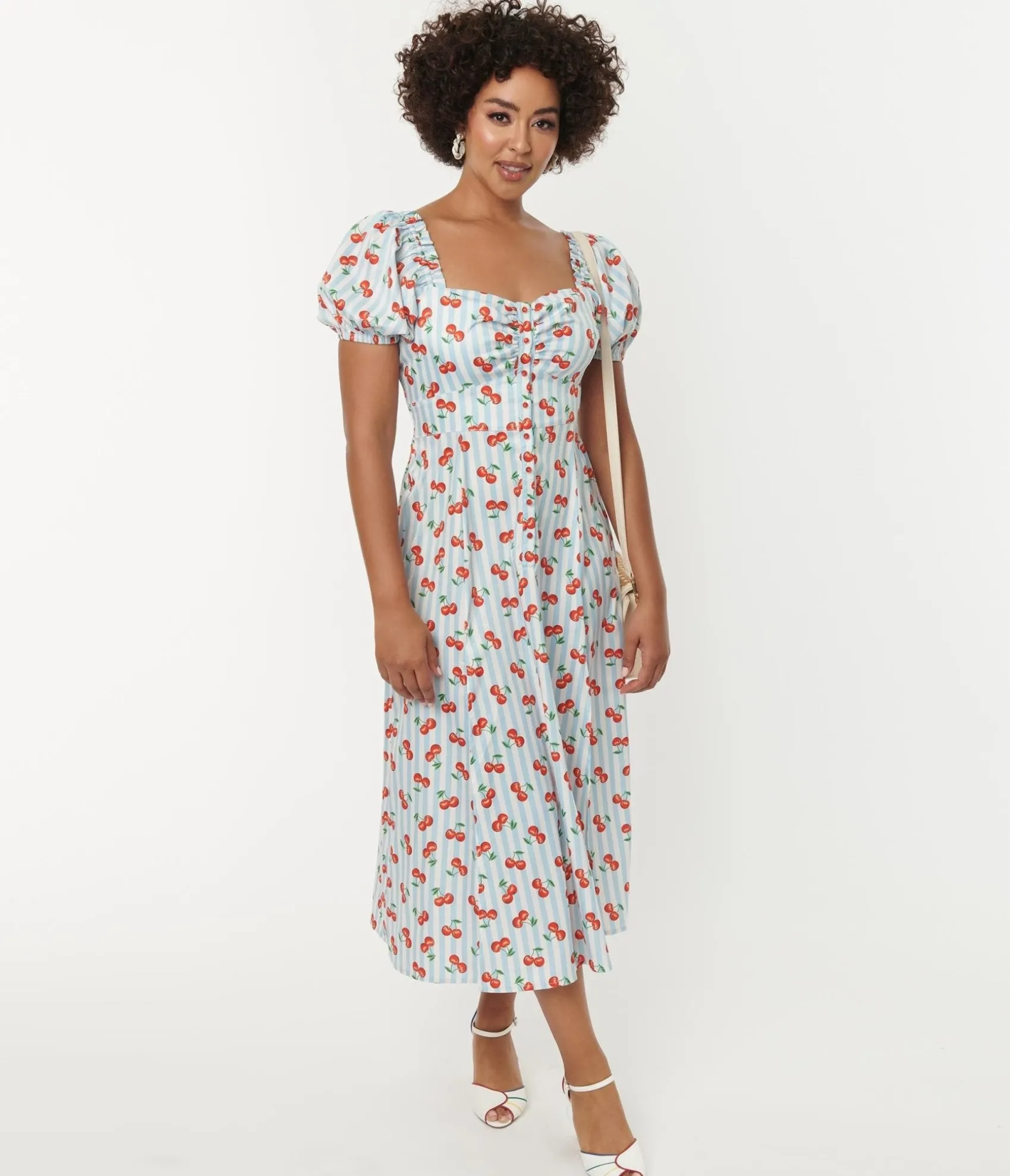Unique Vintage 1940s Light Blue Stripe & Cherry Print Midi Dress