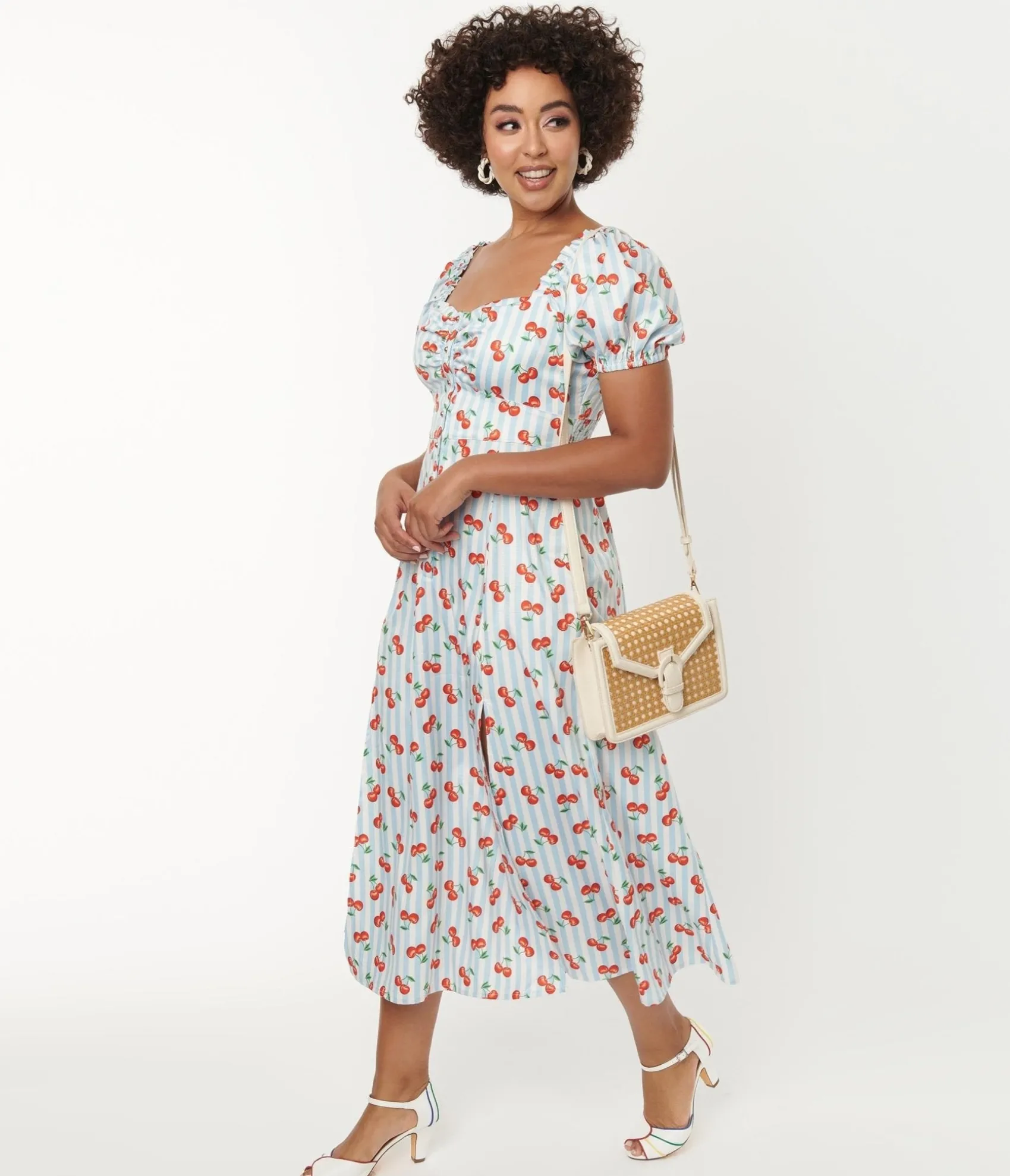 Unique Vintage 1940s Light Blue Stripe & Cherry Print Midi Dress