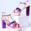 Unique Vintage 1970s Metallic Berry & Gold T-Strap Platform Heels