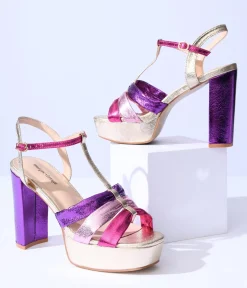Unique Vintage 1970s Metallic Berry & Gold T-Strap Platform Heels