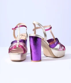 Unique Vintage 1970s Metallic Berry & Gold T-Strap Platform Heels