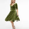 Unique Vintage 1950s Moss Green Velvet Delores Swing Dress