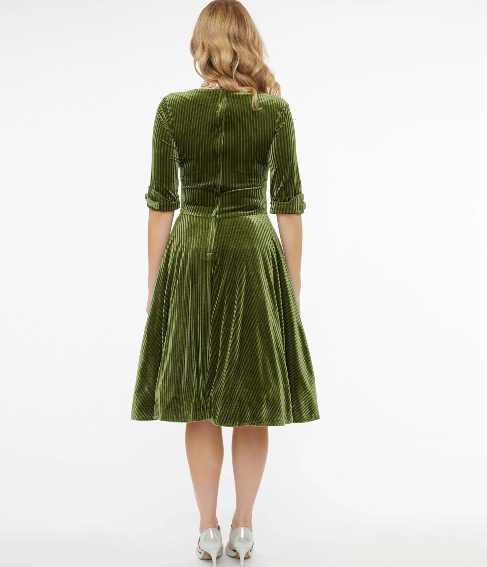 Unique Vintage 1950s Moss Green Velvet Delores Swing Dress