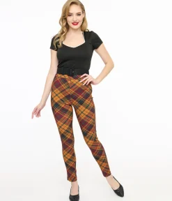 Unique Vintage 1960s Mustard & Burgundy Plaid High Waist Cigarette Pants