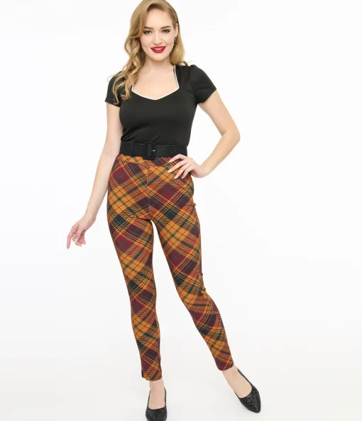 Unique Vintage 1960s Mustard & Burgundy Plaid High Waist Cigarette Pants
