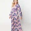 Unique Vintage 1970s Navy & Purple Floral Print Buttercup Maxi Dress