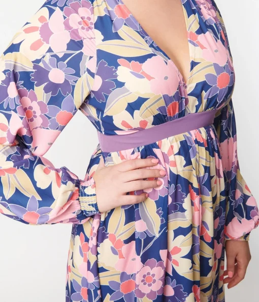 Unique Vintage 1970s Navy & Purple Floral Print Buttercup Maxi Dress