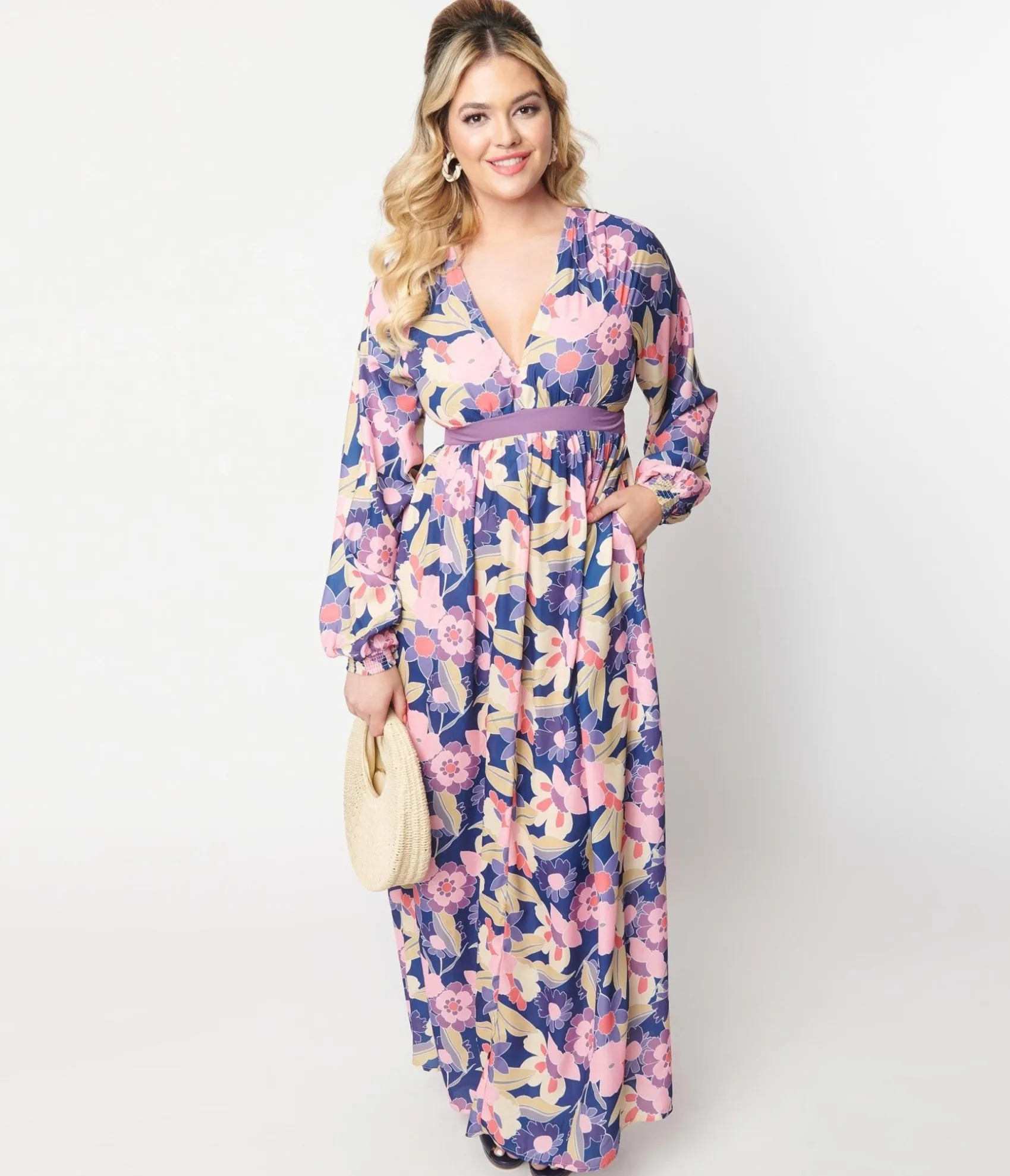 Unique Vintage 1970s Navy & Purple Floral Print Buttercup Maxi Dress