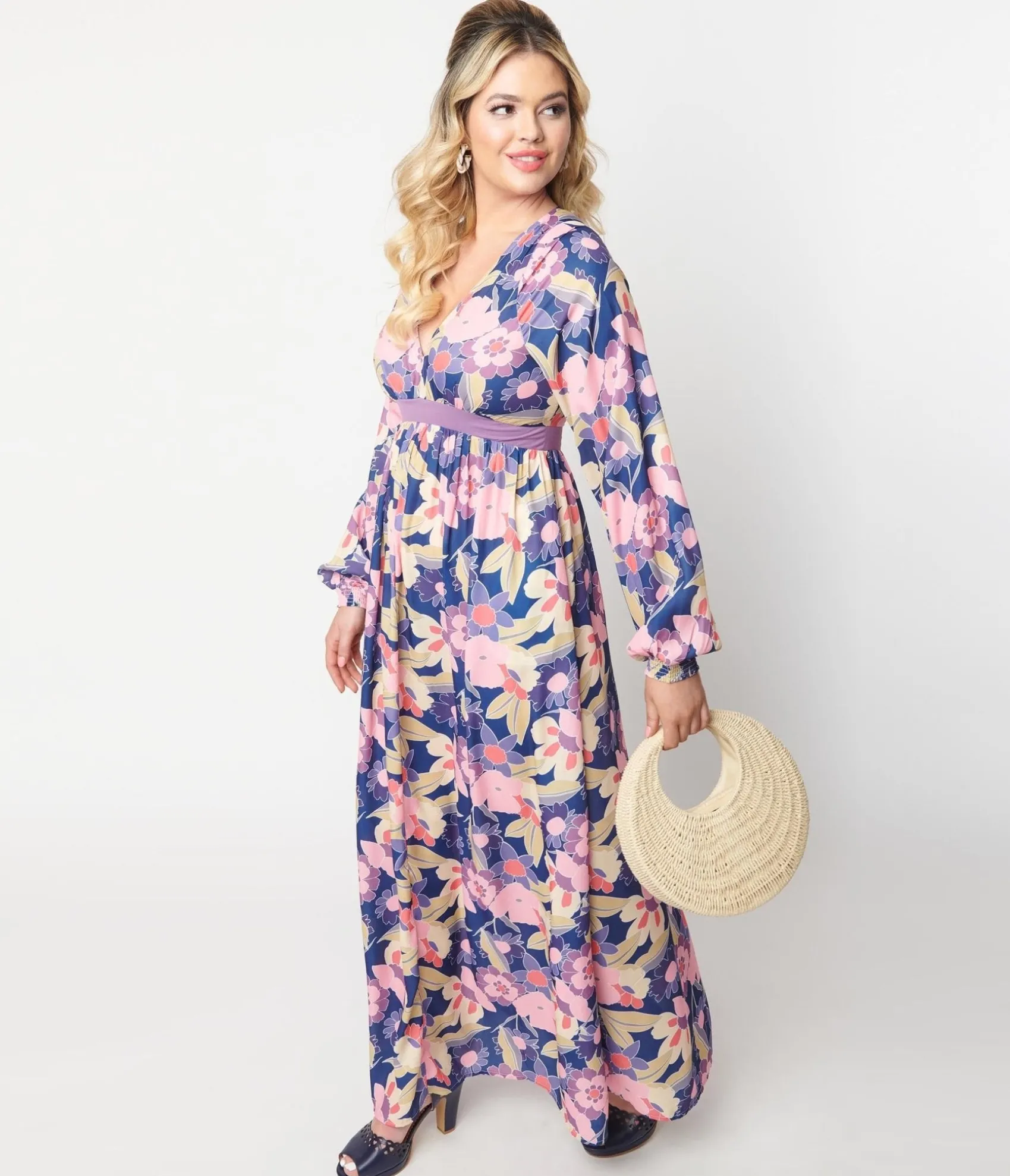 Unique Vintage 1970s Navy & Purple Floral Print Buttercup Maxi Dress