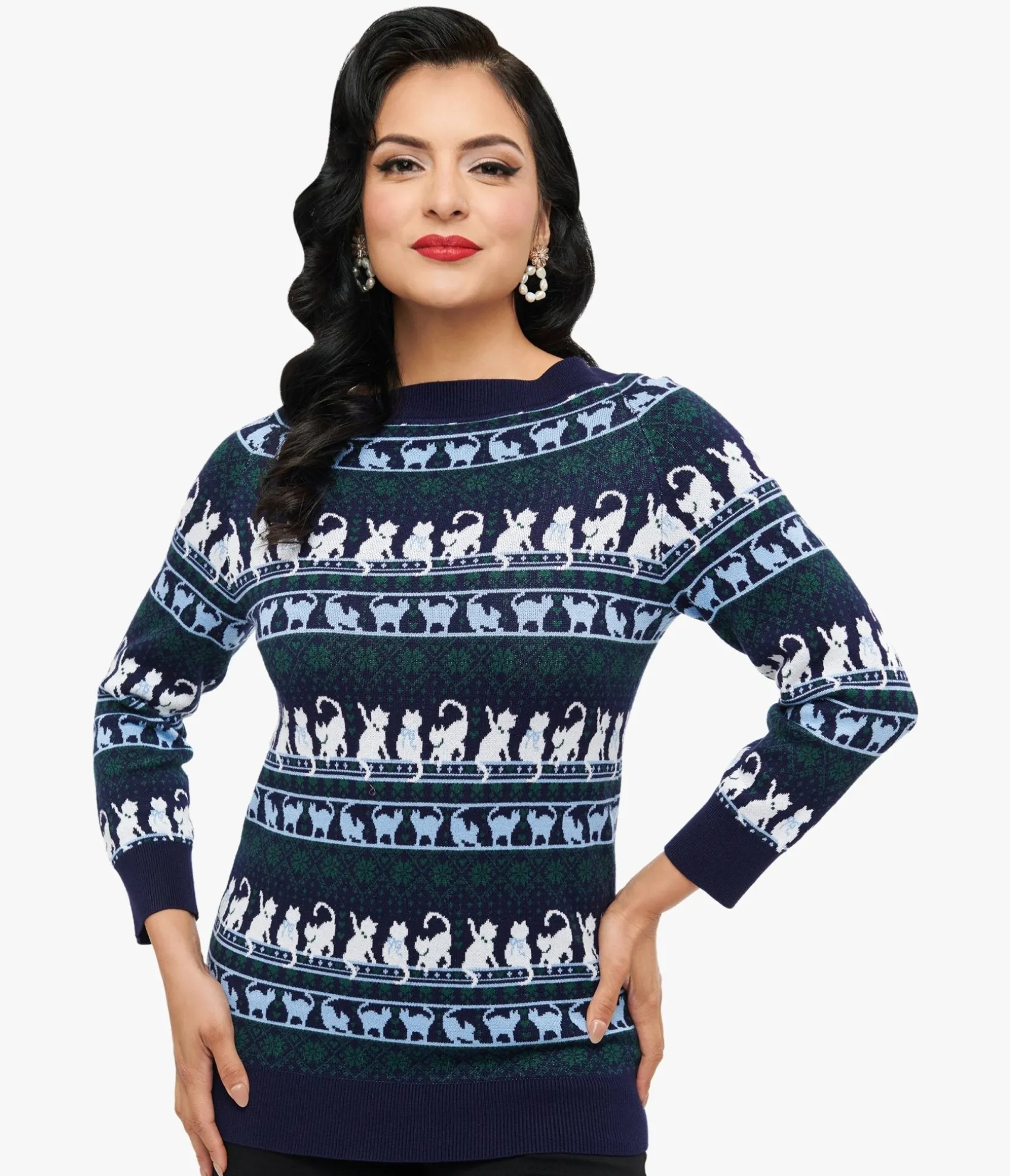 Unique Vintage 1940s Navy & White Cat Pattern Lorelai Sweater