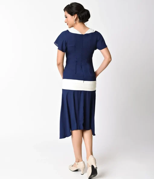 Unique Vintage 1920s Navy Blue & Ivory Wilshire Flapper Day Dress