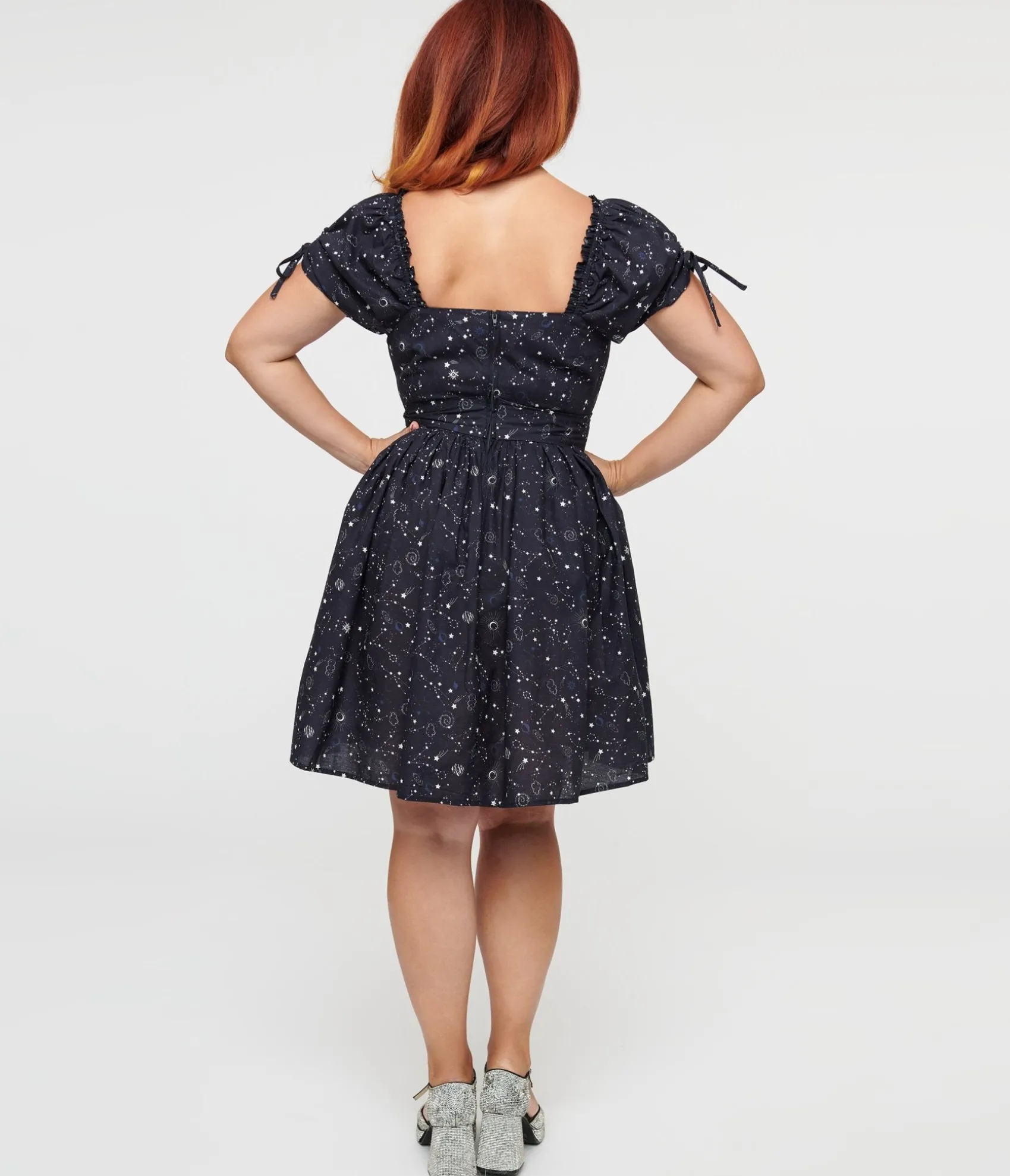 Unique Vintage 1950s Navy Cosmos Print Swing Dress