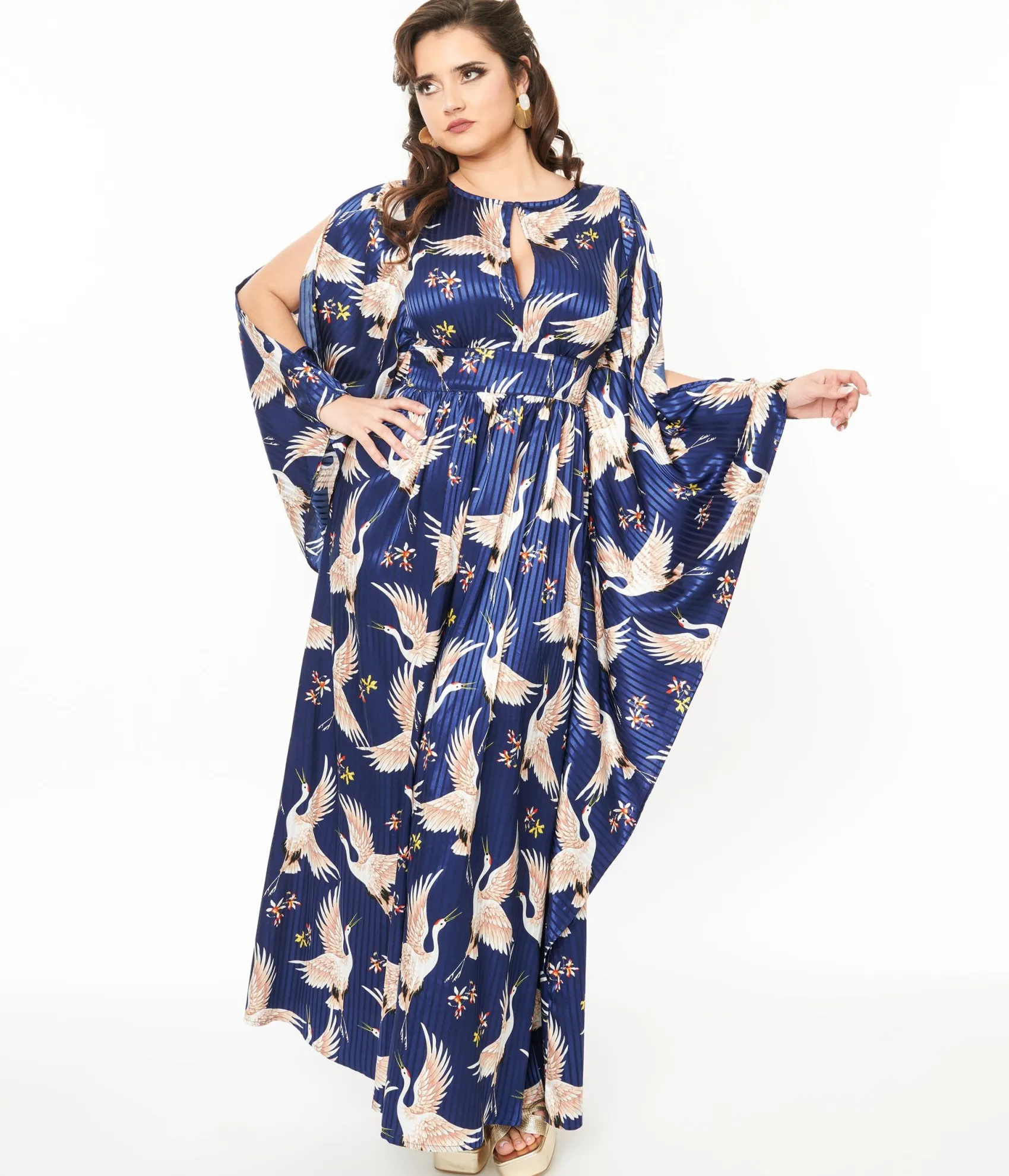 Unique Vintage 1960s Navy Crane Flutter Sleeve Caftan