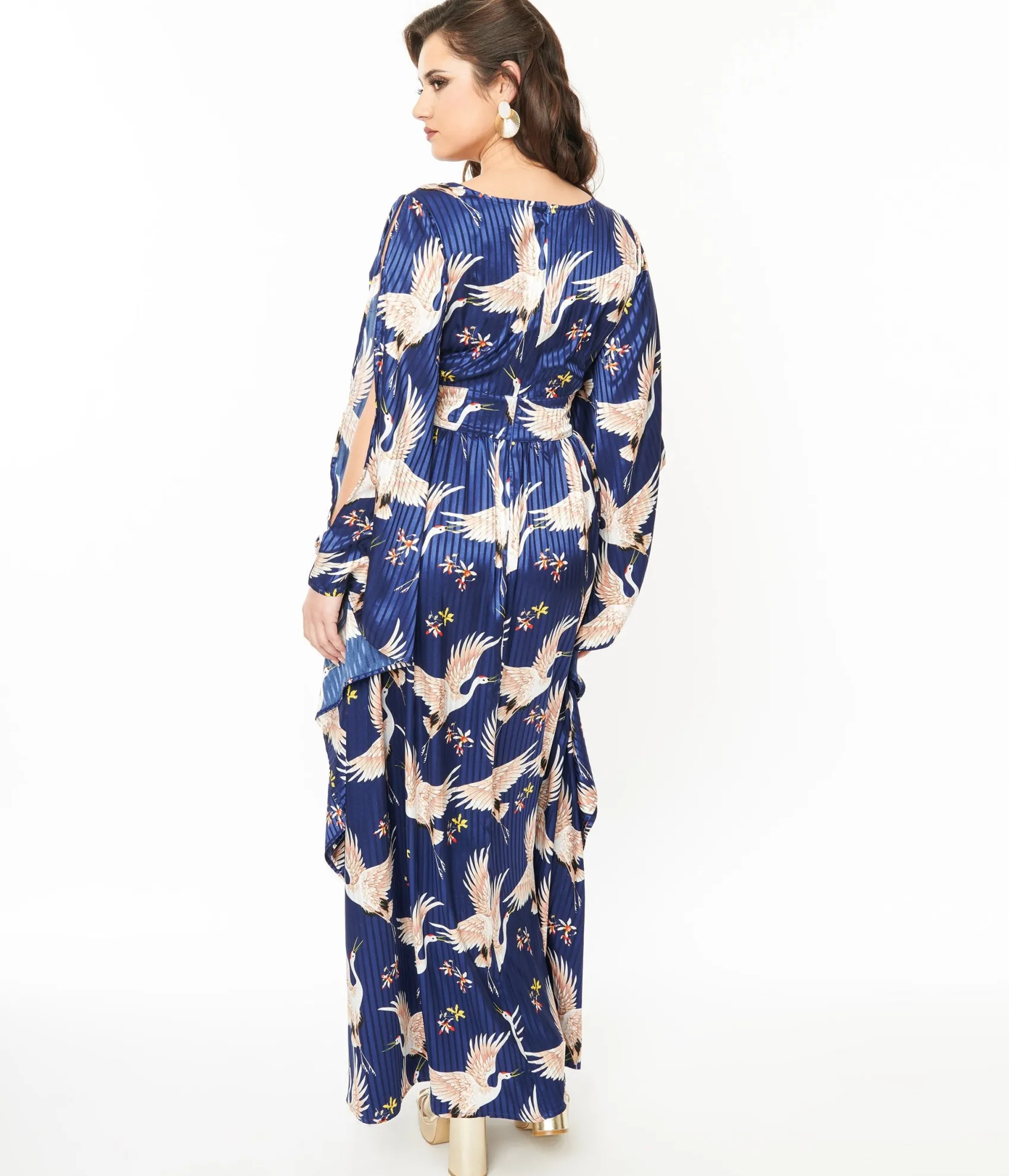 Unique Vintage 1960s Navy Crane Flutter Sleeve Caftan