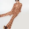 Unique Vintage 1970s Orange & Brown Mosaic Flare Pants