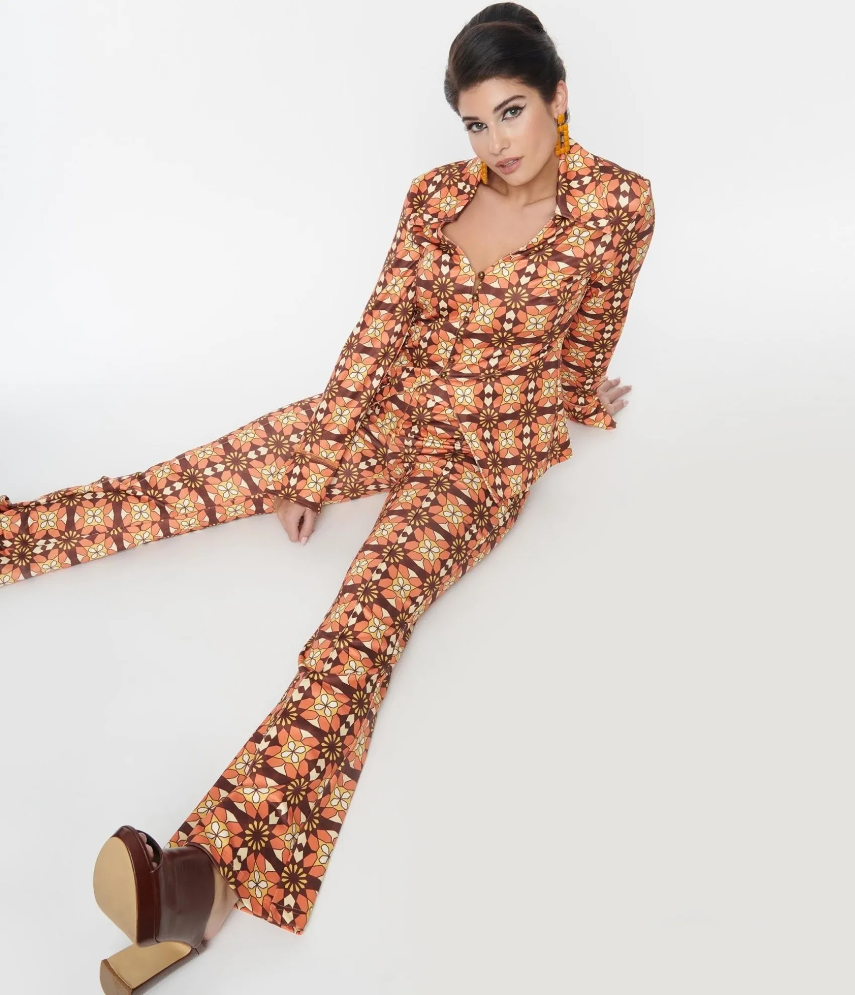 Unique Vintage 1970s Orange & Brown Mosaic Flare Pants