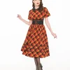 Unique Vintage 1950s Orange & Red Plaid Peter Pan Collar Swing Dress