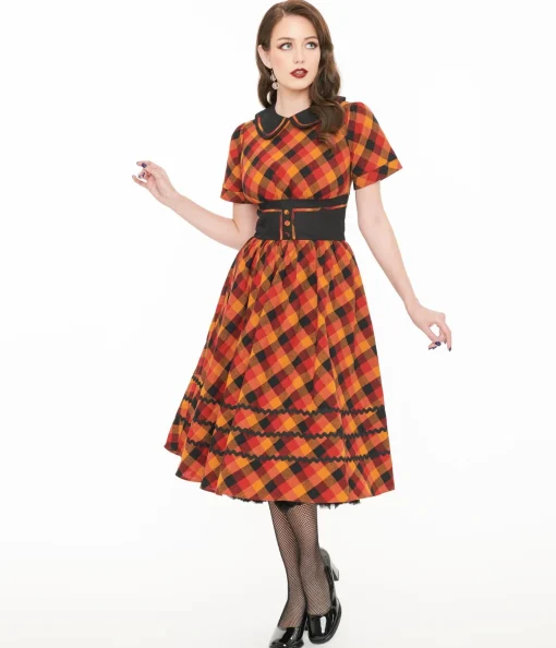 Unique Vintage 1950s Orange & Red Plaid Peter Pan Collar Swing Dress