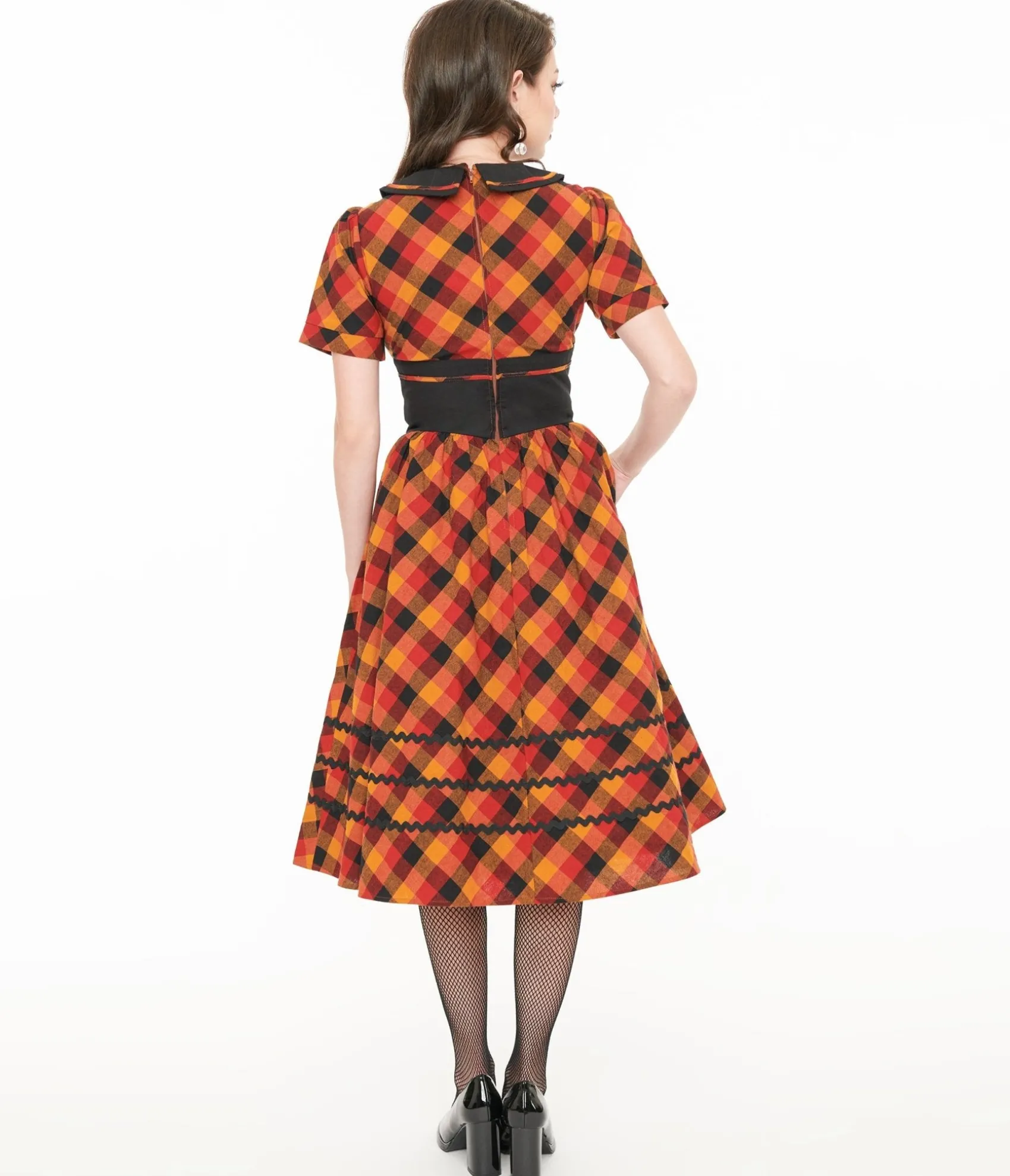 Unique Vintage 1950s Orange & Red Plaid Peter Pan Collar Swing Dress