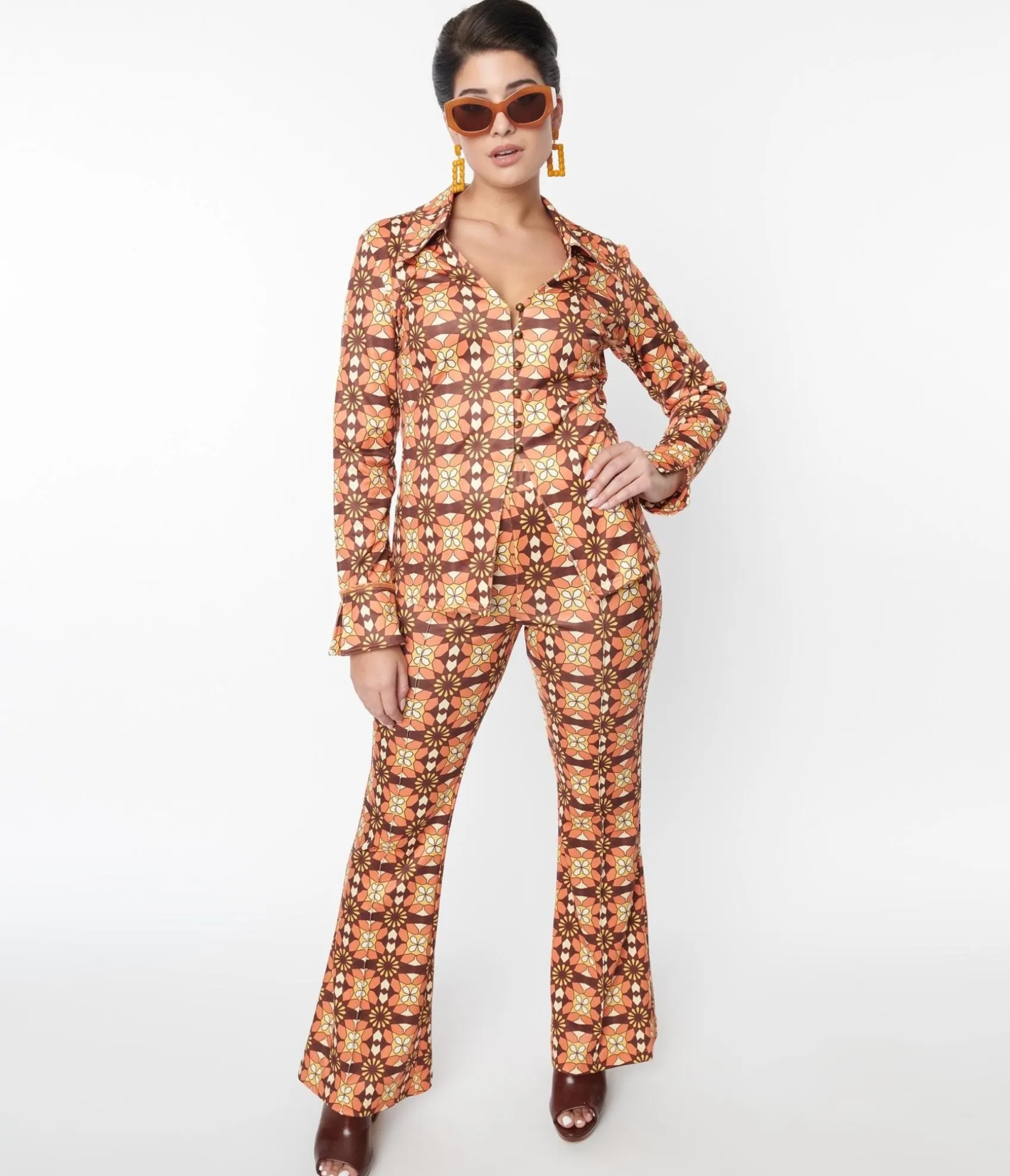 Unique Vintage 1970s Orange & Brown Mosaic Flare Pants