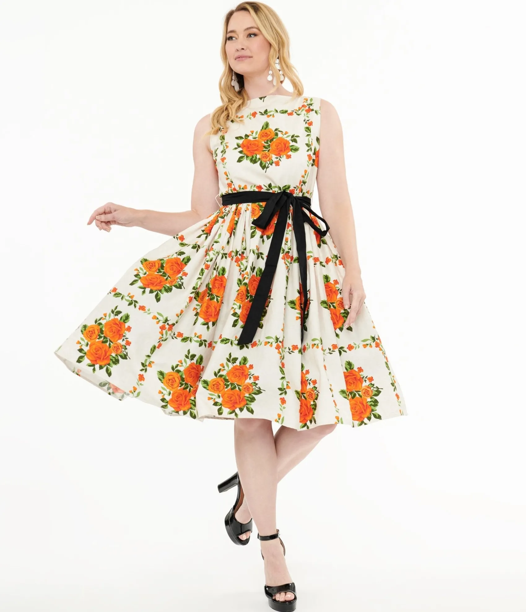Unique Vintage 1950s Orange Fall Floral Sleeveless Swing Dress