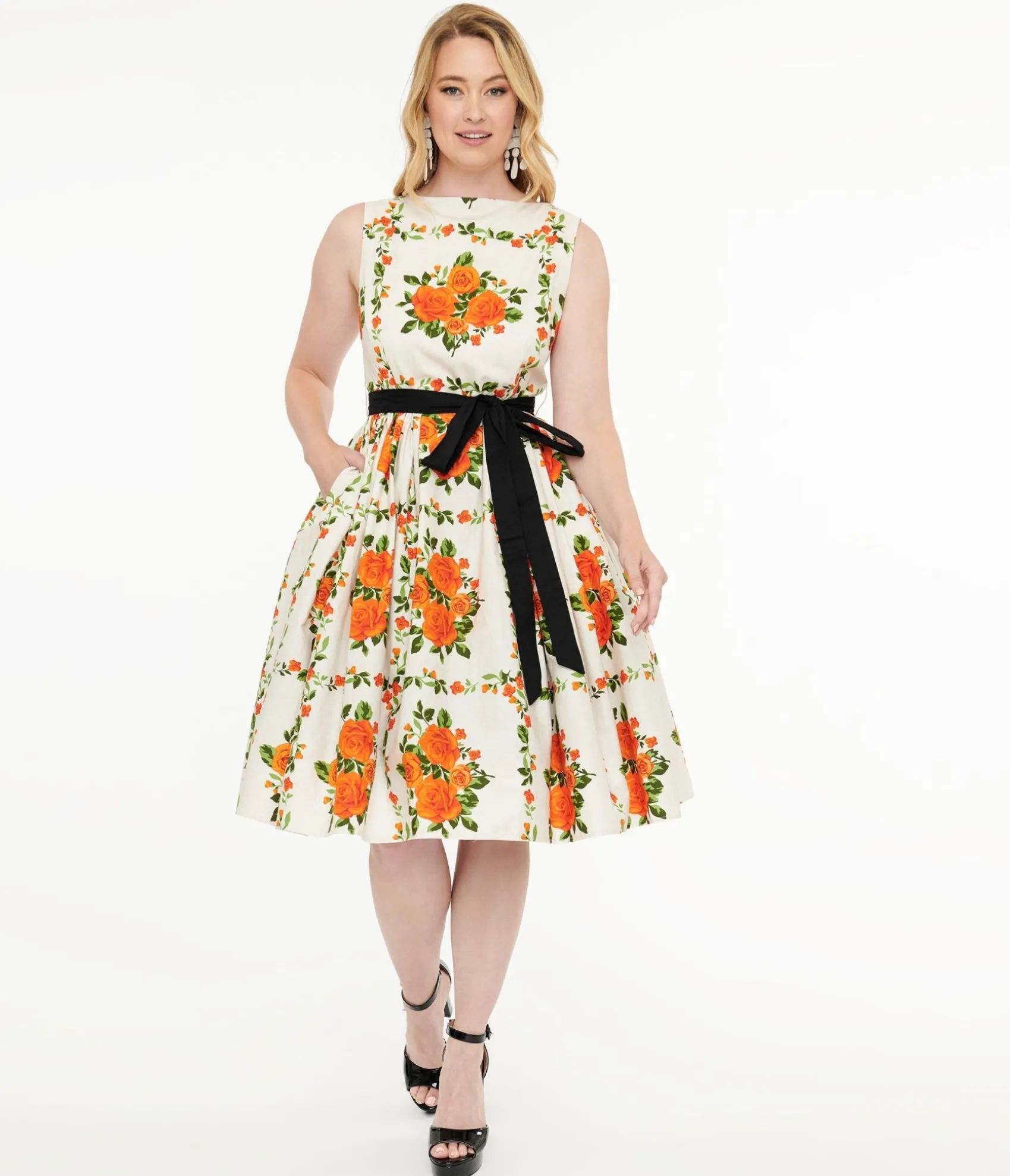 Unique Vintage 1950s Orange Fall Floral Sleeveless Swing Dress