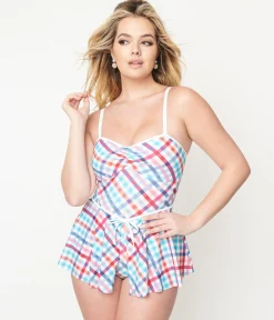 Unique Vintage 1950s Pastel Madras Plaid Skirted Swimsuit