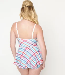 Unique Vintage 1950s Pastel Madras Plaid Skirted Swimsuit
